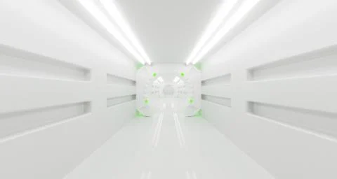 Futuristic Sci-Fi Spaceship Corridor With Lighted Abstract Round Elements 3D  Stock Illustration