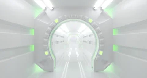 Futuristic Sci-Fi Spaceship Corridor With Lighted Abstract Round Elements 3D  스톡 일러스트