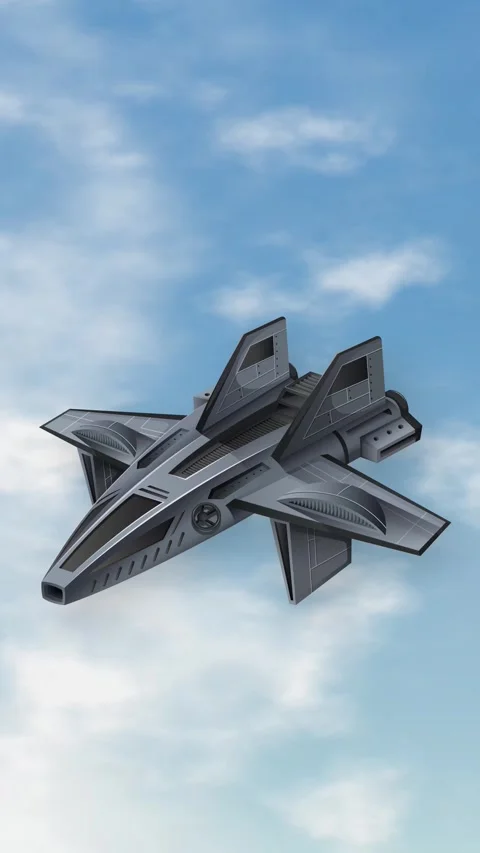 Futuristic Sci-Fi Spaceship Floating Over Blue Sky and Clouds Stock Footage 344831642