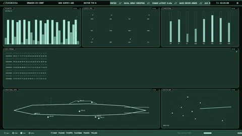 Futuristic sci-fi spaceship tactical command interface with telemetry data .. Stock Footage 334090007