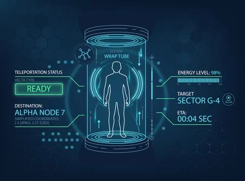 Futuristic sci-fi teleportation interface featuring a human silhouette insi.. Stock Illustration