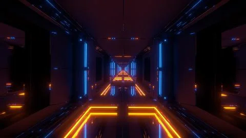 Futuristic sci-fi temple tunnel with nice reflection background 3d rendering Illustrazione stock