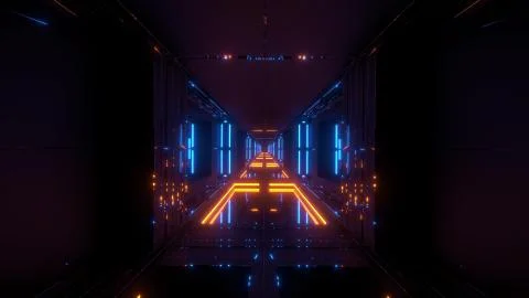Futuristic sci-fi temple tunnel with nice reflection background 3d rendering Illustrazione stock