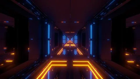Futuristic sci-fi temple tunnel with nice reflection background 3d rendering Illustrazione stock