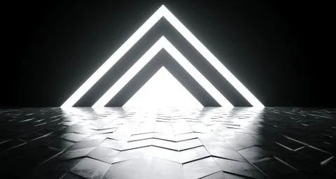 Futuristic Sci-Fi Triangle Shaped White Glowing Lights On Reflective Tilted R Stock Illustration