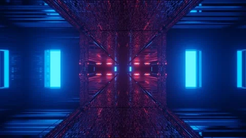 Futuristic Sci-Fi Tunnel with Blue and Red Neon Lights Stock Footage 303140649