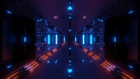 Futuristic sci-fi tunnel corridor with cool nice reflection 3d rendering 스톡 일러스트