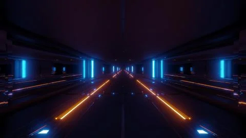 Futuristic sci-fi tunnel corridor building with hot metal 3d illustration Ilustración de archivo