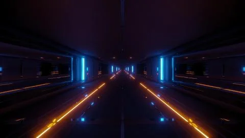 Futuristic sci-fi tunnel corridor building with hot metal 3d illustration Ilustración de archivo