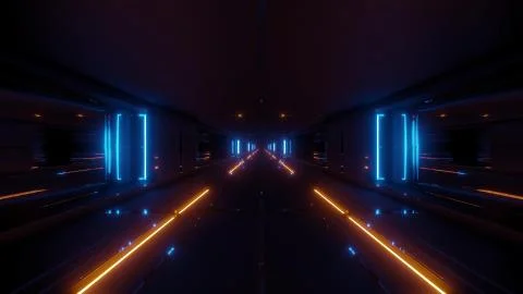 Futuristic sci-fi tunnel corridor building with hot metal 3d illustration Ilustración de archivo