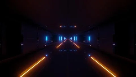 Futuristic sci-fi tunnel corridor building with hot metal 3d illustration Ilustración de archivo