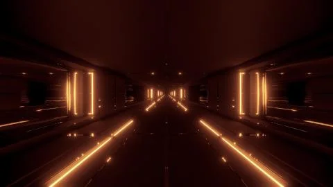 Futuristic sci-fi tunnel corridor building with hot metal 3d illustration Ilustración de archivo