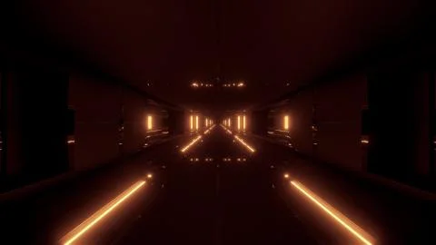 Futuristic sci-fi tunnel corridor building with hot metal 3d illustration Ilustración de archivo