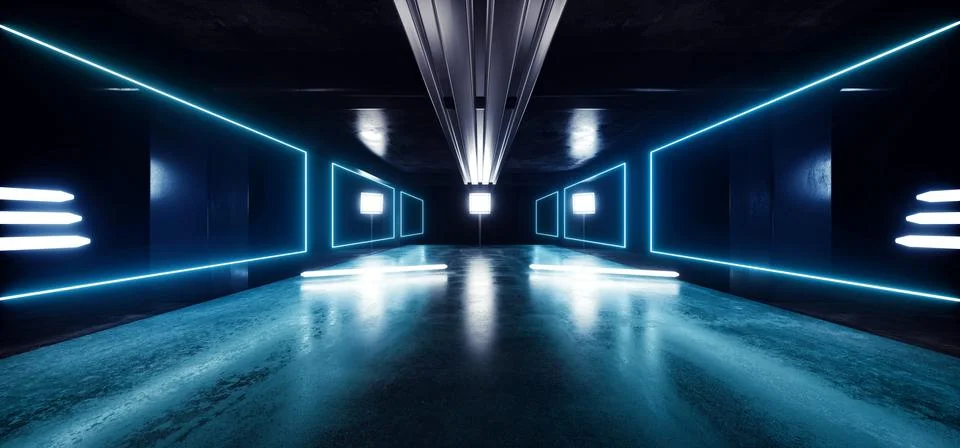 Futuristic Sci Fi Tunnel Corridor Hallway Underground Garage Grunge Studio Co Stock-Illustration