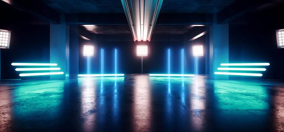Futuristic Sci Fi Tunnel Corridor Hallway Underground Garage Grunge Studio Co Stock-Illustration