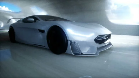 Futuristic sci fi tunnel. futuristic sport car. Realistic 4k animation. Stockbeeldmateriaal 201601690