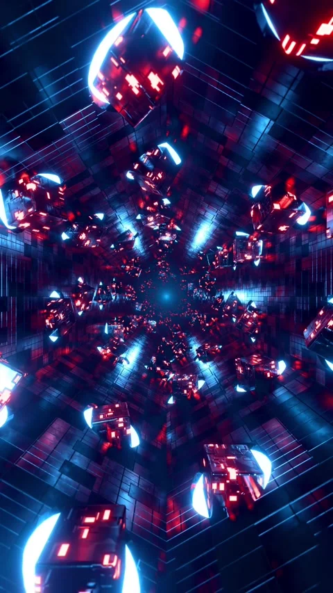 Futuristic Sci-Fi Tunnel with Glowing Blue and Red Geometric Lights in Motion Video stock 347585125
