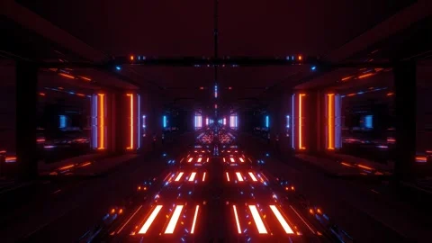Futuristic Sci-Fi Tunnel with Red and Blue Neon Lights Stock Footage 303140849