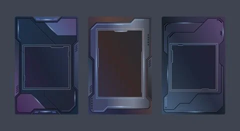 Futuristic sci fi UI frame template dark metallic game card designs with gl.. Stock Illustration