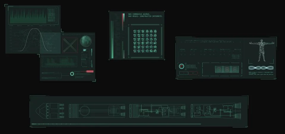 Futuristic sci-fi user interface elements with HUD data panels and graphs Stockillustratie