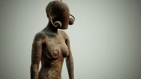 Futuristic sci fi woman in burned suit Stock Footage 133820063