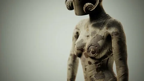 Futuristic sci fi woman in burned suit Vídeo Stock 145648704
