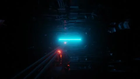 Futuristic science fiction space ship alien tunnel corridor with pipes and .. Illustrazione stock
