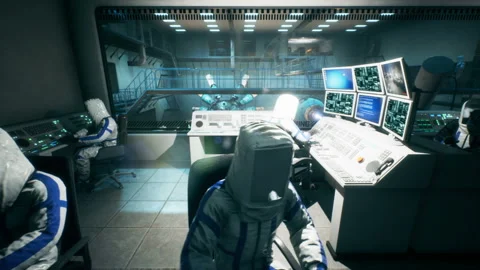 Futuristic scientists program equipment to launch a time machine or a sci-fi Stock Footage 153025129