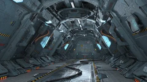 Futuristic scifi corridor interior with bright neon lights 스톡 일러스트
