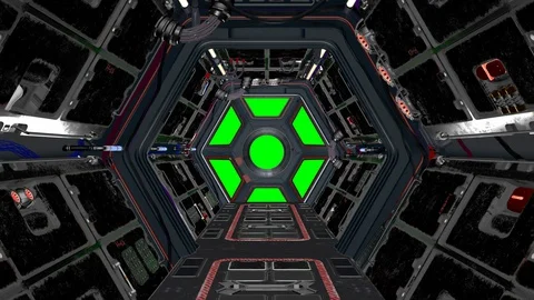 Futuristic SciFi corridor of a spaceship. From the window you can see green Stock Footage