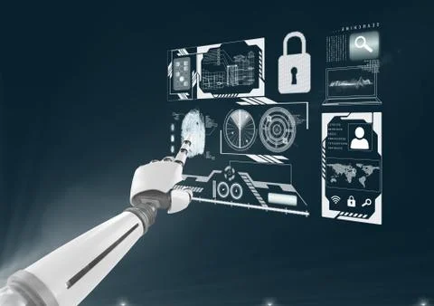 Futuristic screen on dark blue background with robot doing things Stock Illustration