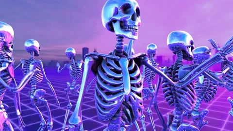 Futuristic seamless animation of dancing purple metallic skeletons. Chrome metal Stockbeeldmateriaal 158320227