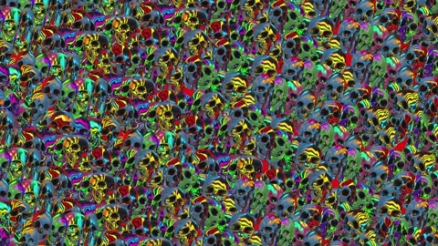 Futuristic seamless animation of silver rainbow jelly skulls. Glowing chrome Video stock 152292546