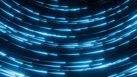 Futuristic seamless loop animation of cyan light lines flowing left to right Video stock 340702735