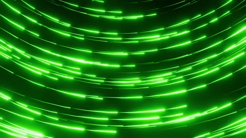 Futuristic seamless loop animation of neon green light lines flowing left to Video stock 340917853