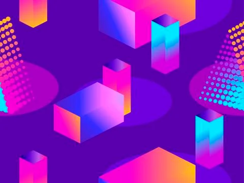 Futuristic seamless pattern with geometric shapes. Isometric 3d objects. Purp Stockillustratie