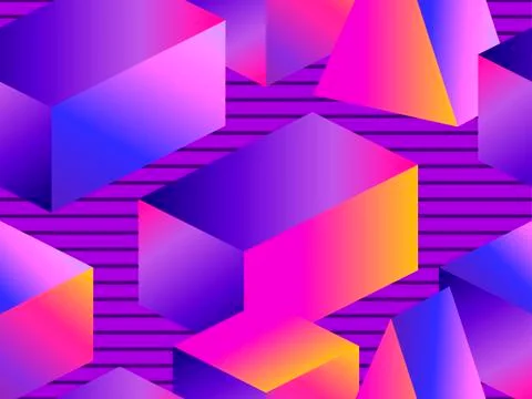 Futuristic seamless pattern with geometric shapes. Isometric 3d objects. Purp Stock Illustration