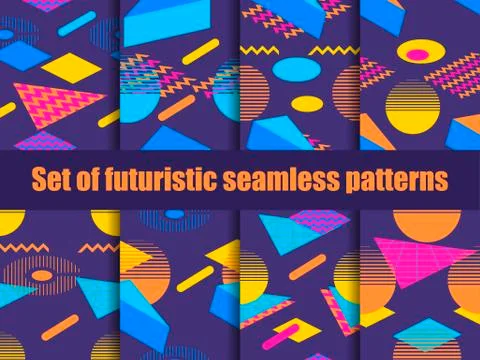 Futuristic seamless pattern set. Geometric elements memphis in the style of 8 Stockillustratie