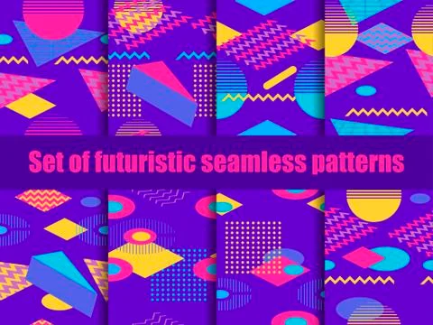Futuristic seamless pattern set. Geometric elements memphis in the style of 8 Illustrazione stock