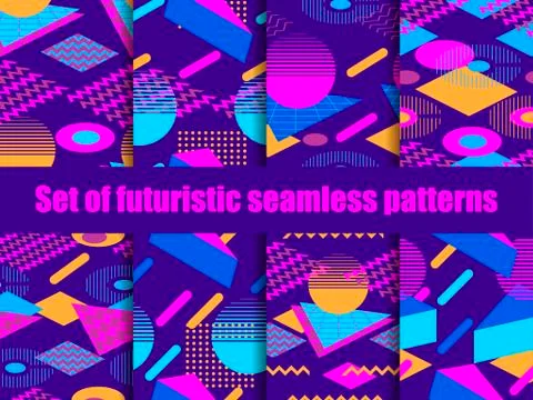 Futuristic seamless pattern set. Geometric elements memphis in the style of 8 스톡 일러스트