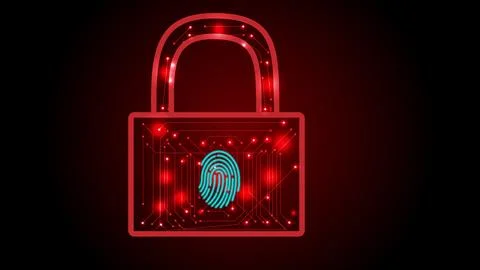 Futuristic security fingerprint padlock with red color technology chip on b.. 스톡 일러스트
