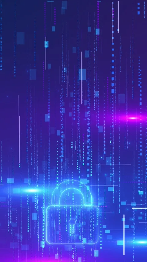 Futuristic security lock visual cyan glow, purple tech blocks, falling data line Stock Footage 340470015
