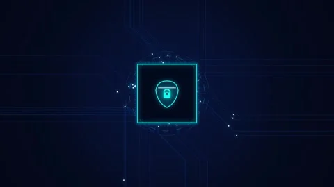 Futuristic security microchip with glowing shield and lock on digital mothe.. Stock Footage 345814536