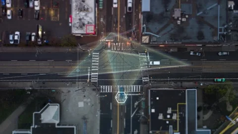 Futuristic self driving car navigating downtown streets at night with sensors Stock Footage 345491085