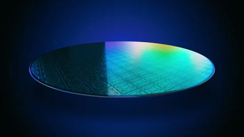 Futuristic semiconductor wafer with iridescent rainbow surface rotating in Stock Footage 336315333