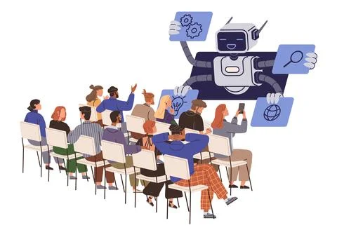A Futuristic Seminar with an AI Robot Instructor and Engaged Audience イラスト素材