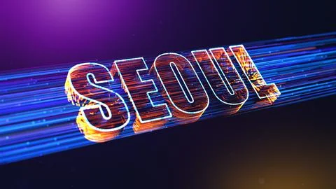 Futuristic Seoul 3D Perspective Text With Dotted Lines Particle Breeze Effect  Illustrazione stock
