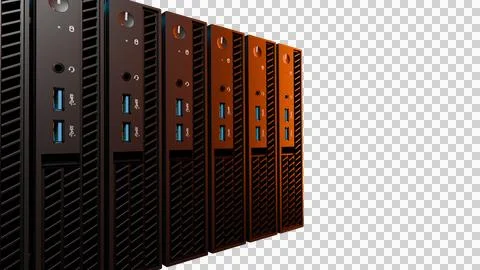 Futuristic server closeup with orange glow isolated on transparent background Illustrazione stock