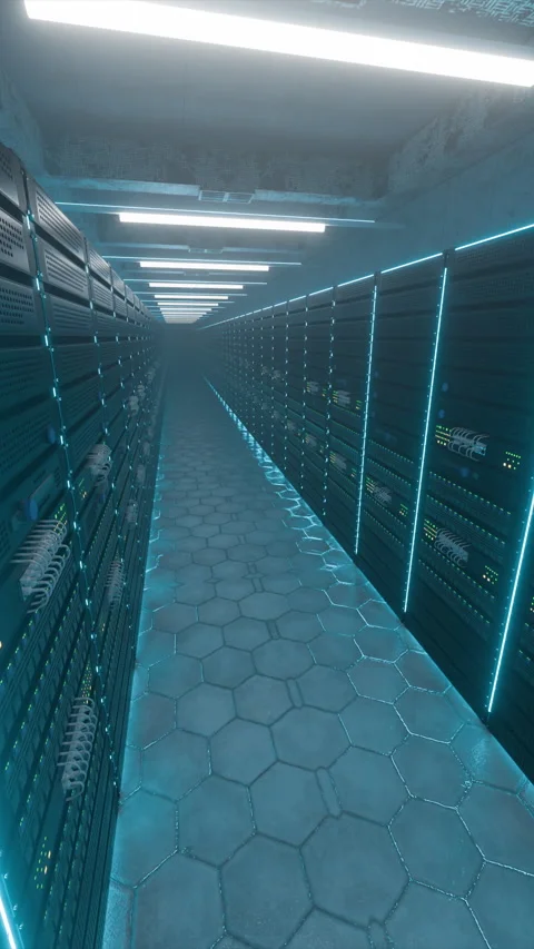 Futuristic Server Data Center Hallway With Blue Neon Lights and Hexagonal Floor Stock Footage 317380606