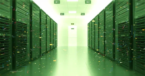Futuristic Server Room with Endless Racks and Flying Data Flows 4K. 스톡 동영상 326810879